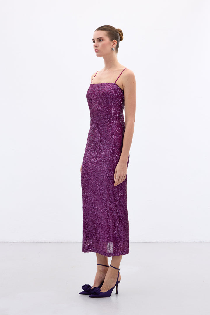 Sateen Robe Longue Pailletée Bretelles - Prune