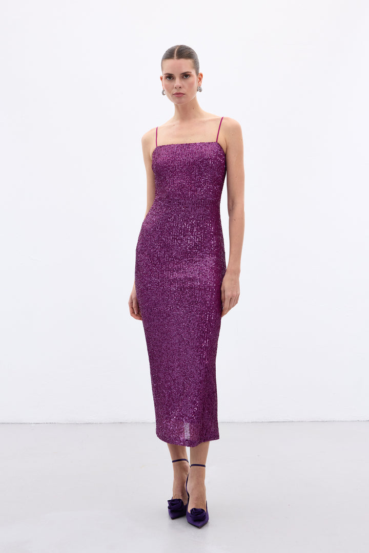 Sateen Robe Longue Pailletée Bretelles - Prune