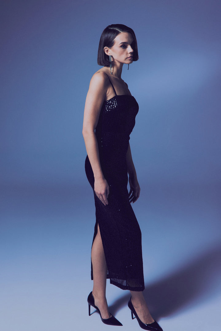 Sateen Robe Pailletée Longue à Bretelles - Noir