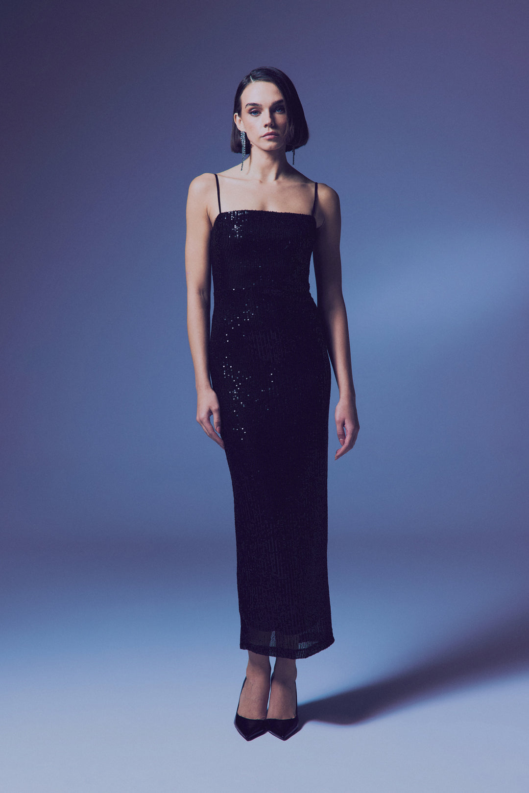 Sateen Robe Pailletée Longue à Bretelles - Noir