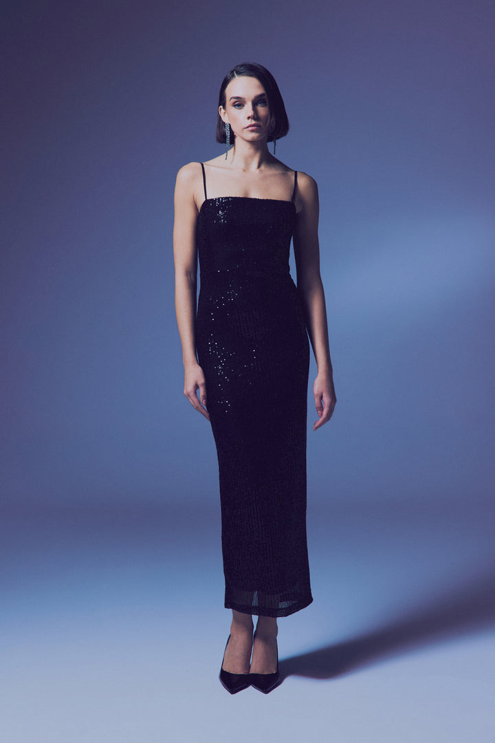 Sateen Robe Pailletée Longue à Bretelles - Noir