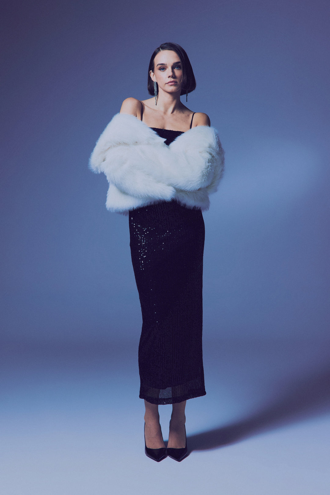 Sateen Robe Pailletée Longue à Bretelles - Noir