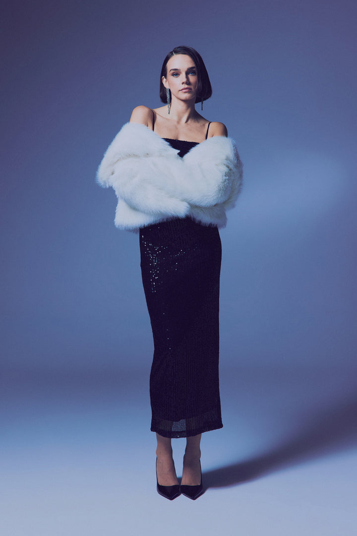 Sateen Robe Pailletée Longue à Bretelles - Noir