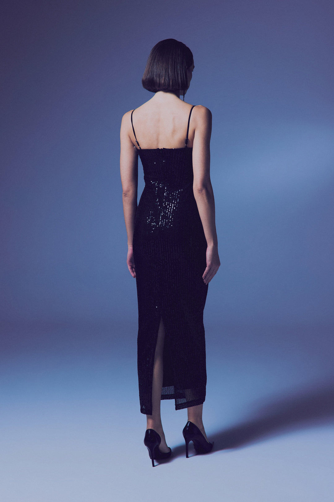 Sateen Robe Pailletée Longue à Bretelles - Noir