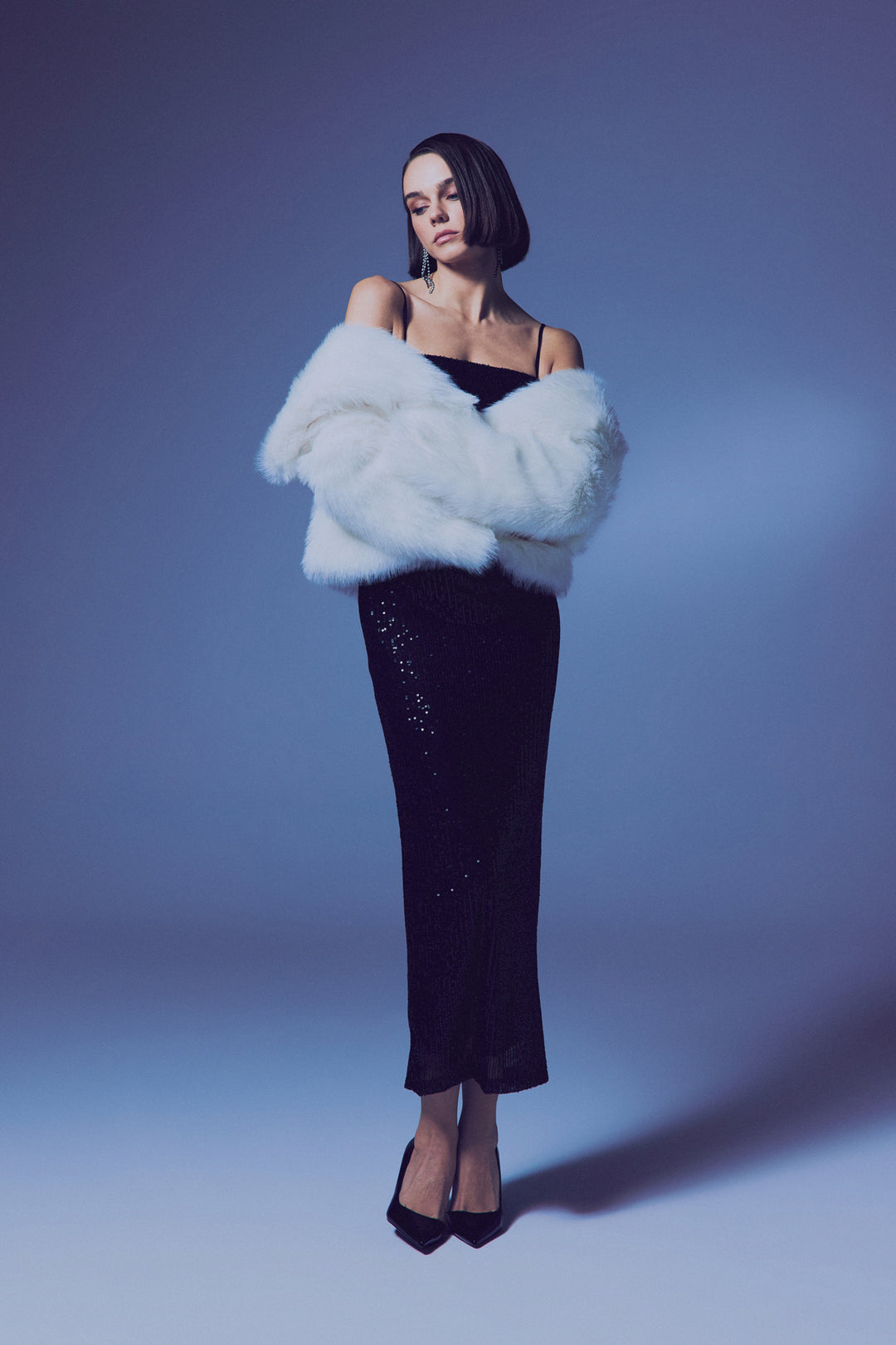 Sateen Robe Pailletée Longue à Bretelles - Noir