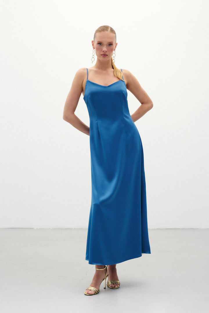 Sateen Robe Longue en Satin à Bretelles - sax Bleu
