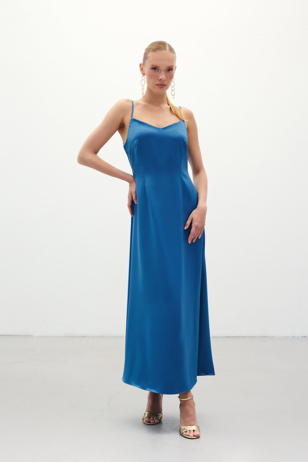 Sateen Robe Longue en Satin à Bretelles - sax Bleu