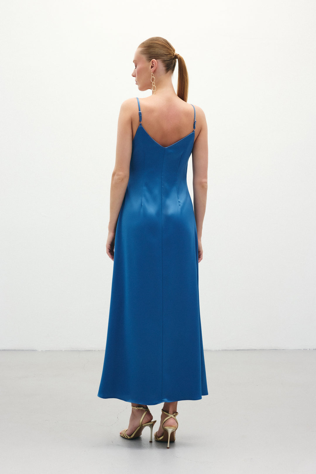 Sateen Robe Longue en Satin à Bretelles - sax Bleu