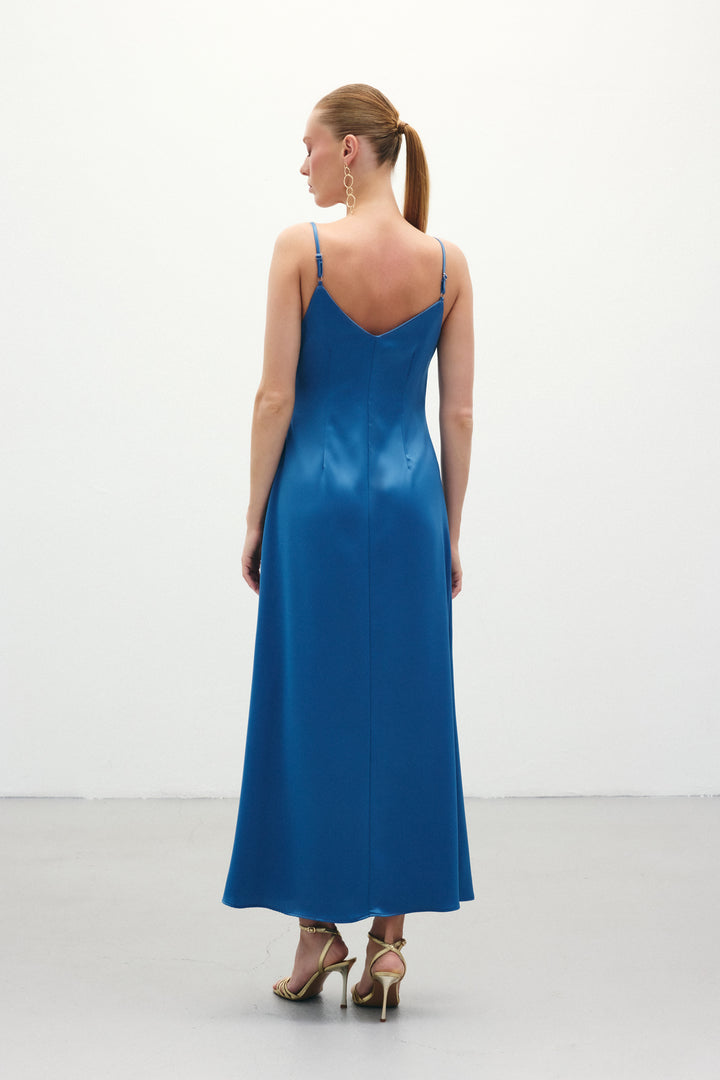 Sateen Robe Longue en Satin à Bretelles - sax Bleu