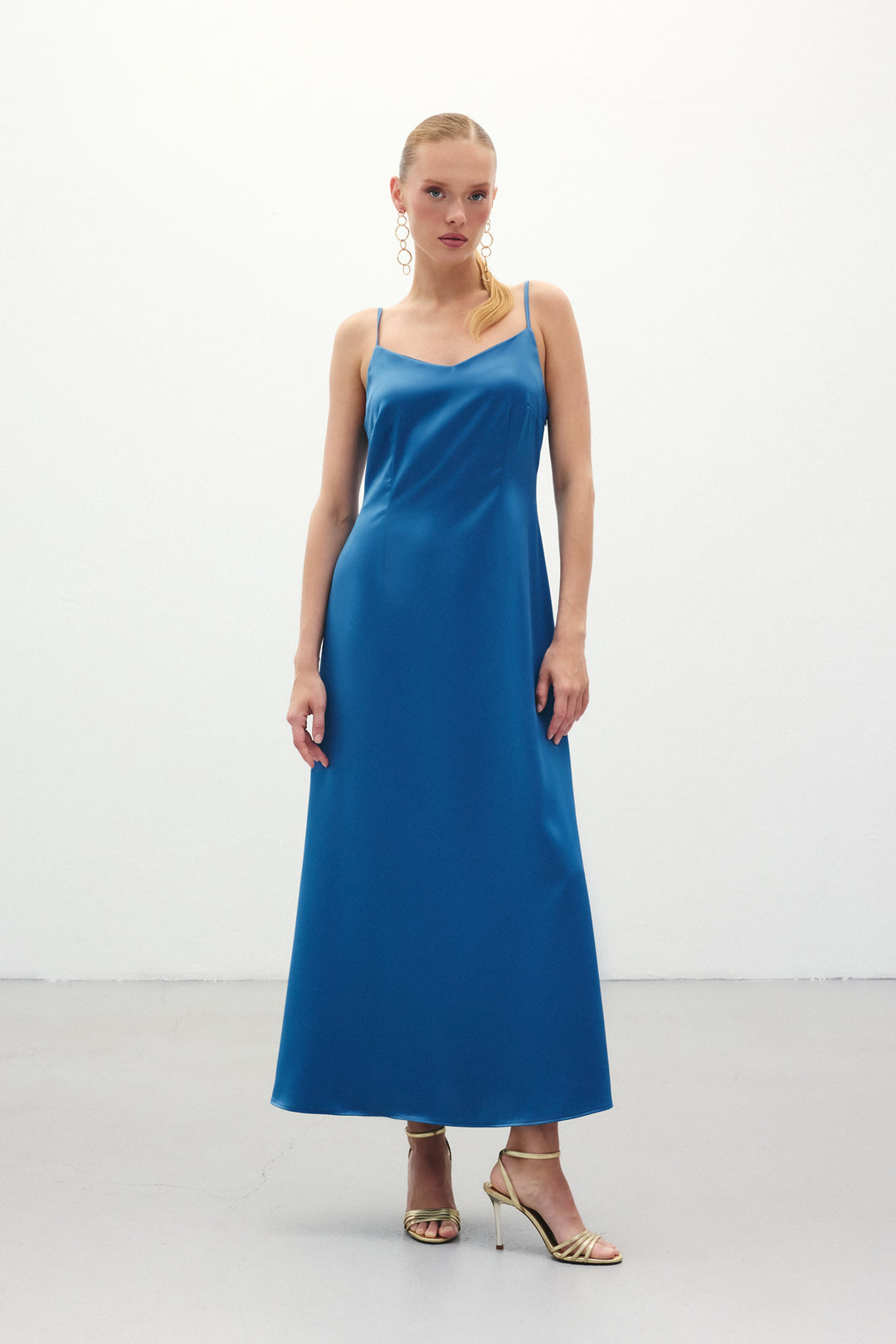 Sateen Robe Longue en Satin à Bretelles - sax Bleu