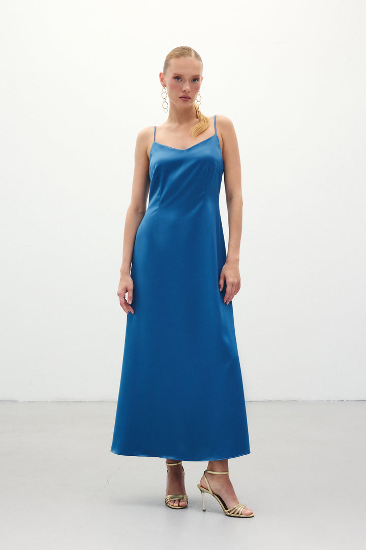 Sateen Robe Longue en Satin à Bretelles - sax Bleu