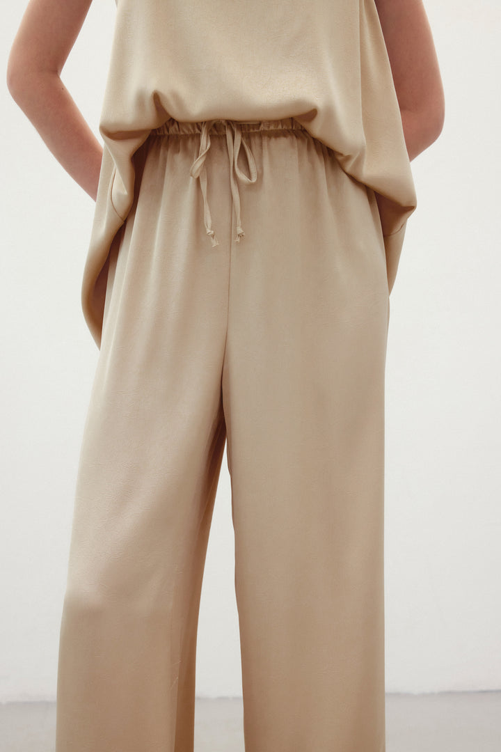 Sateen Pantalon ample à lacets - Beige