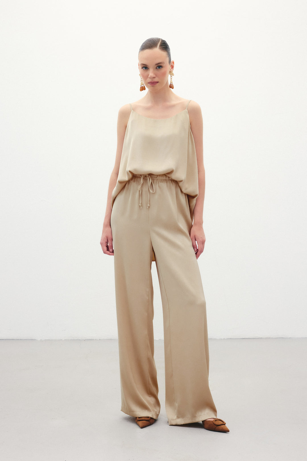 Sateen Pantalon ample à lacets - Beige