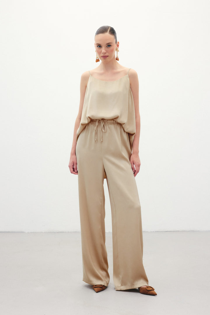 Sateen Pantalon ample à lacets - Beige