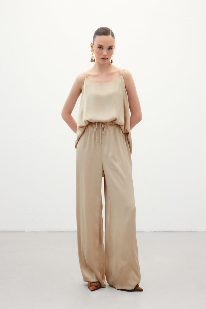 Sateen Pantalon ample à lacets - Beige