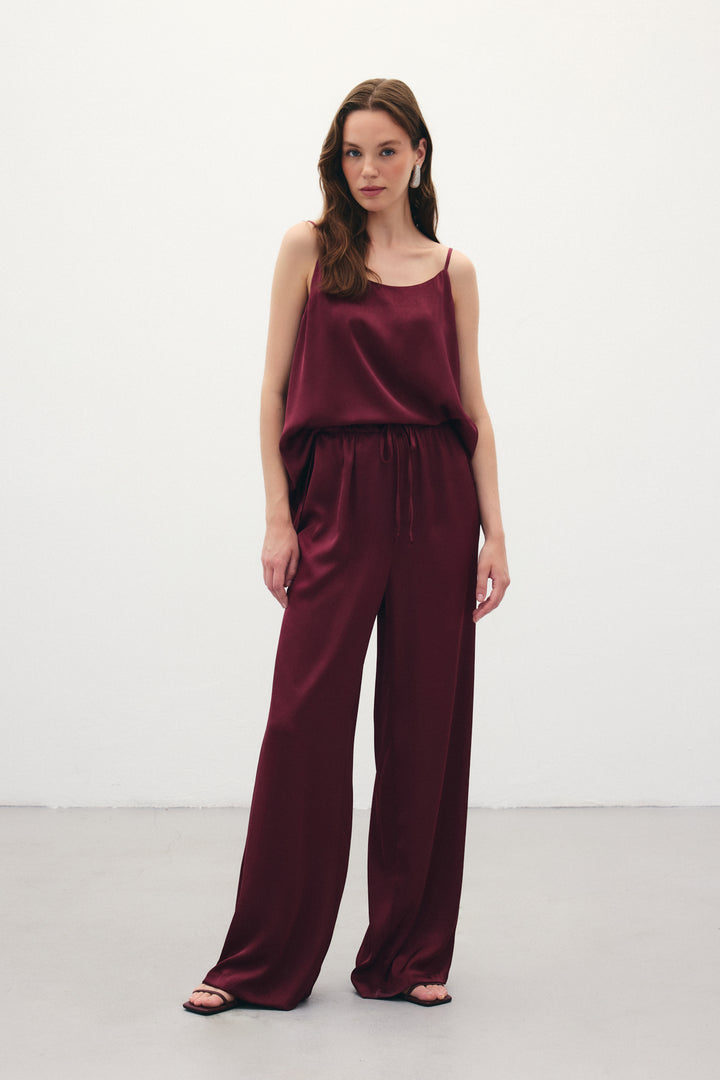 Sateen Pantalon ample à lacets - Bordeaux