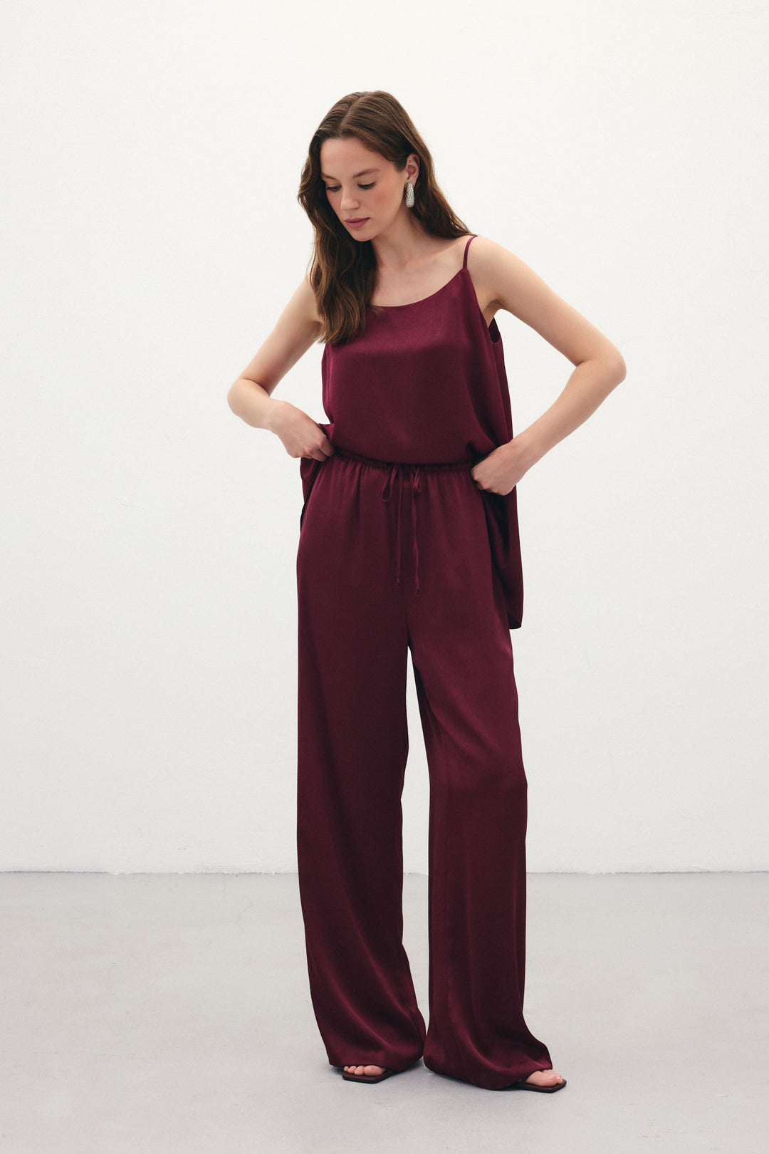 Sateen Pantalon ample à lacets - Bordeaux