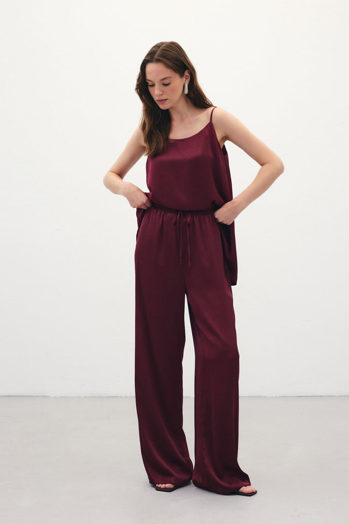 Sateen Pantalon ample à lacets - Bordeaux
