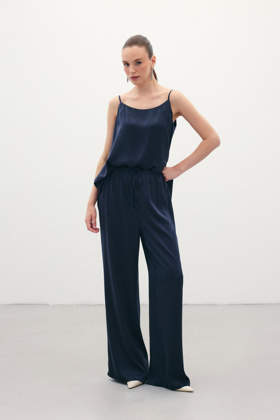 Sateen Pantalon ample à lacets - Bleu marine