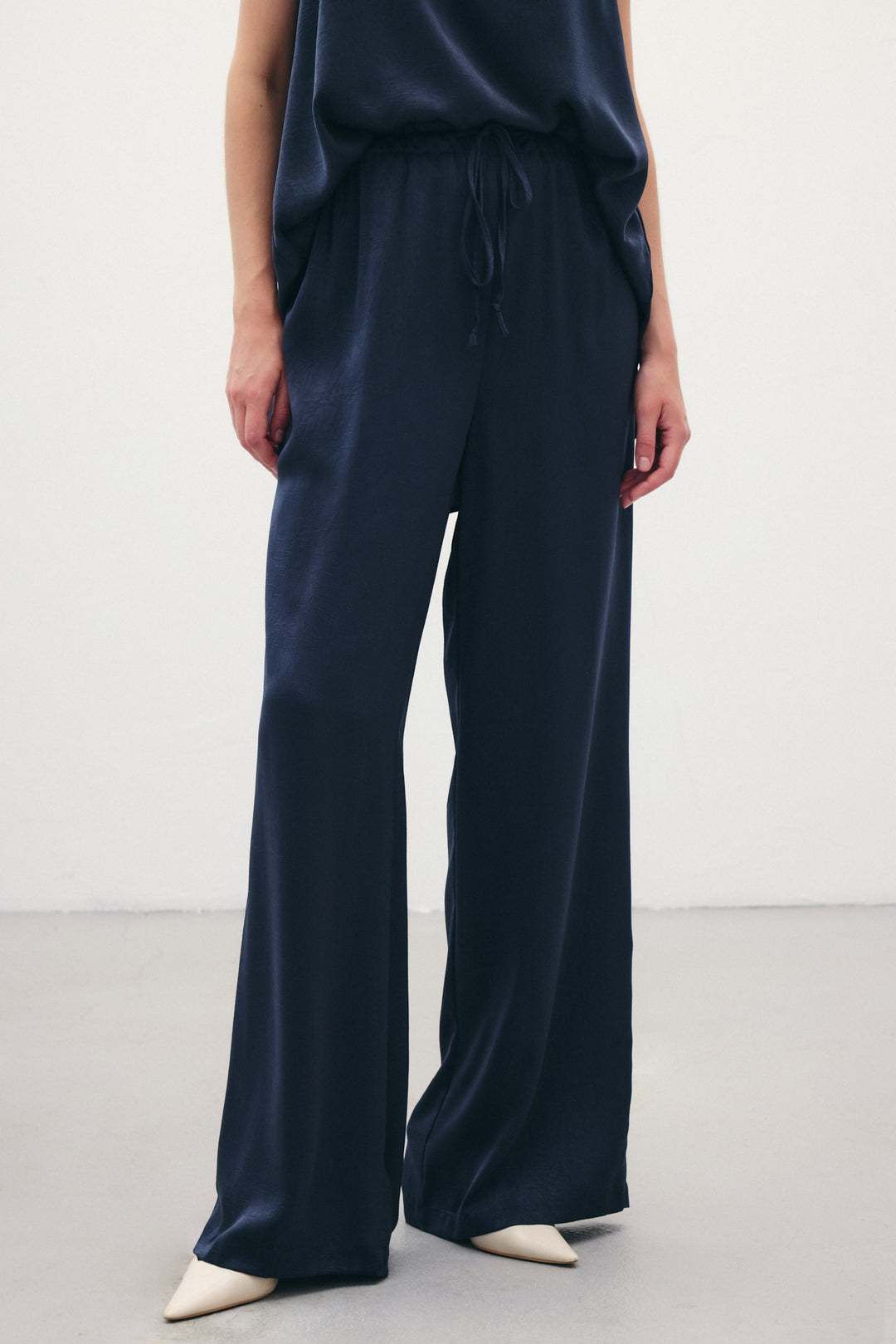 Sateen Pantalon ample à lacets - Bleu marine