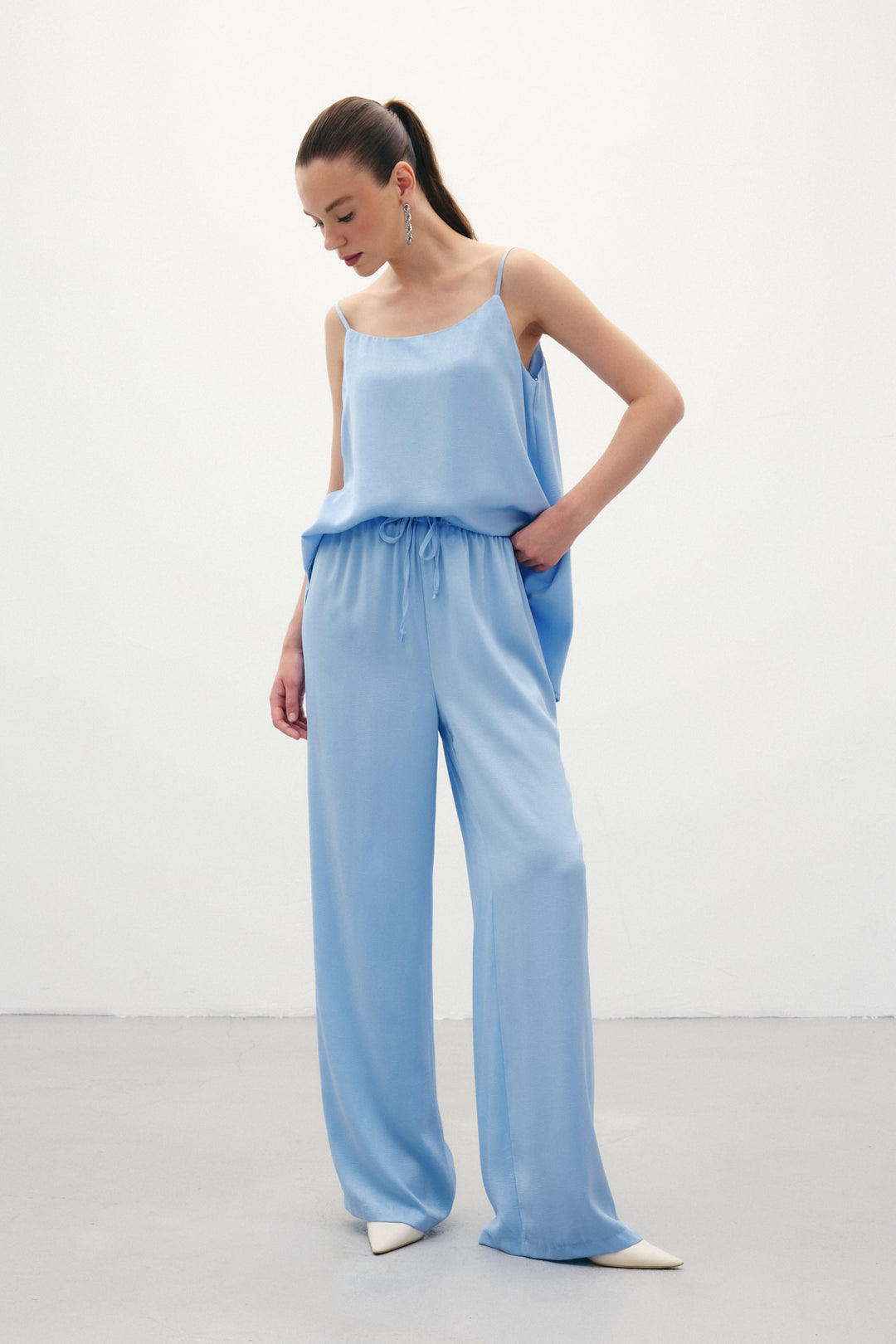 Sateen Pantalon ample à lacets - Bleu