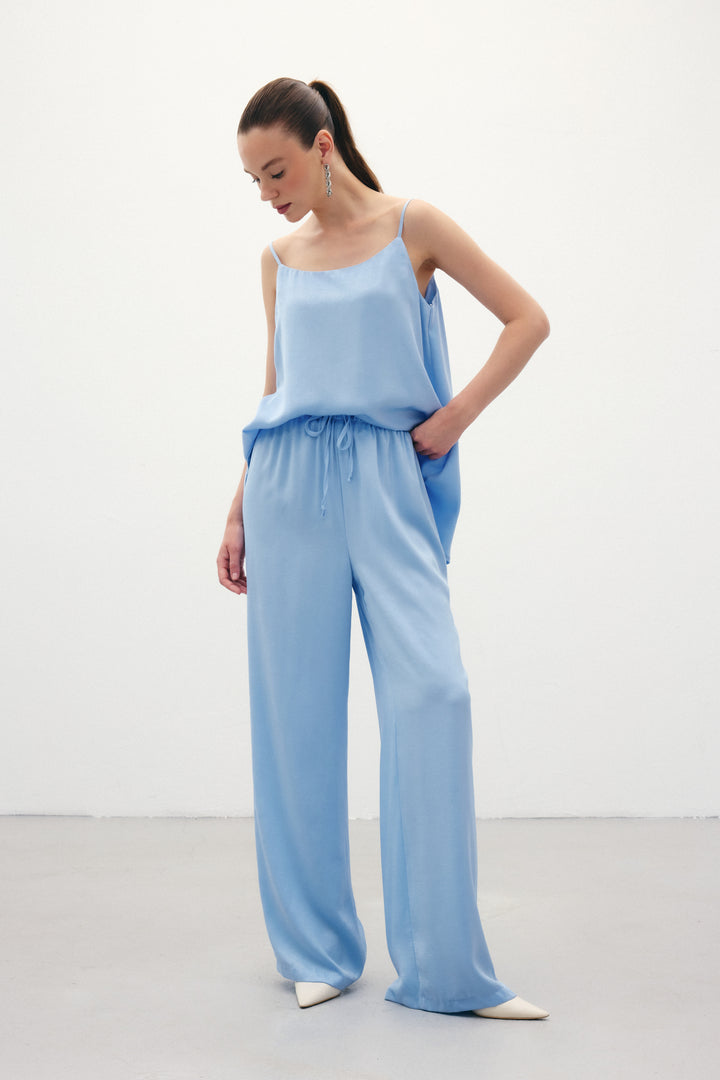 Sateen Pantalon ample à lacets - Bleu