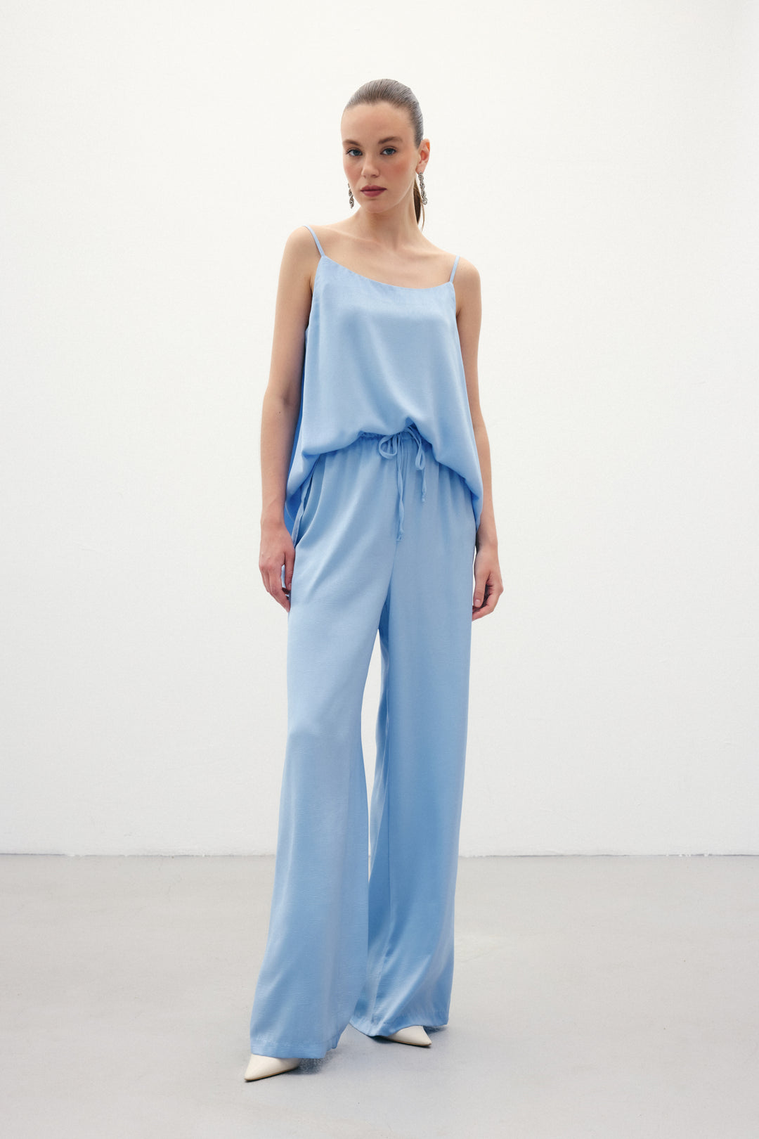 Sateen Pantalon ample à lacets - Bleu