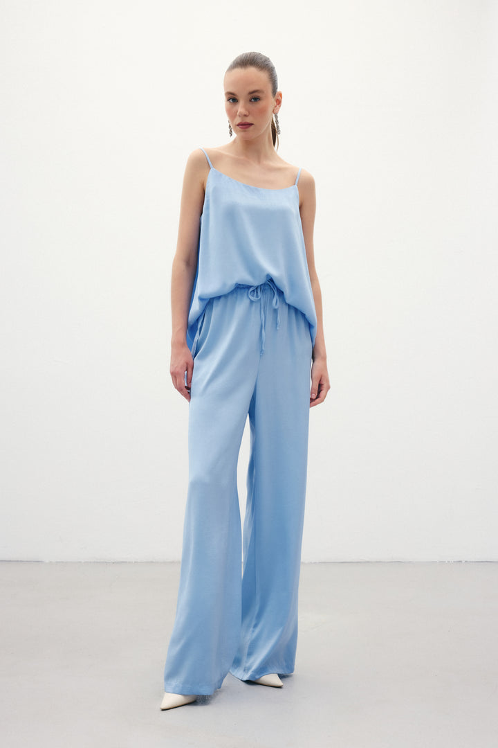 Sateen Pantalon ample à lacets - Bleu