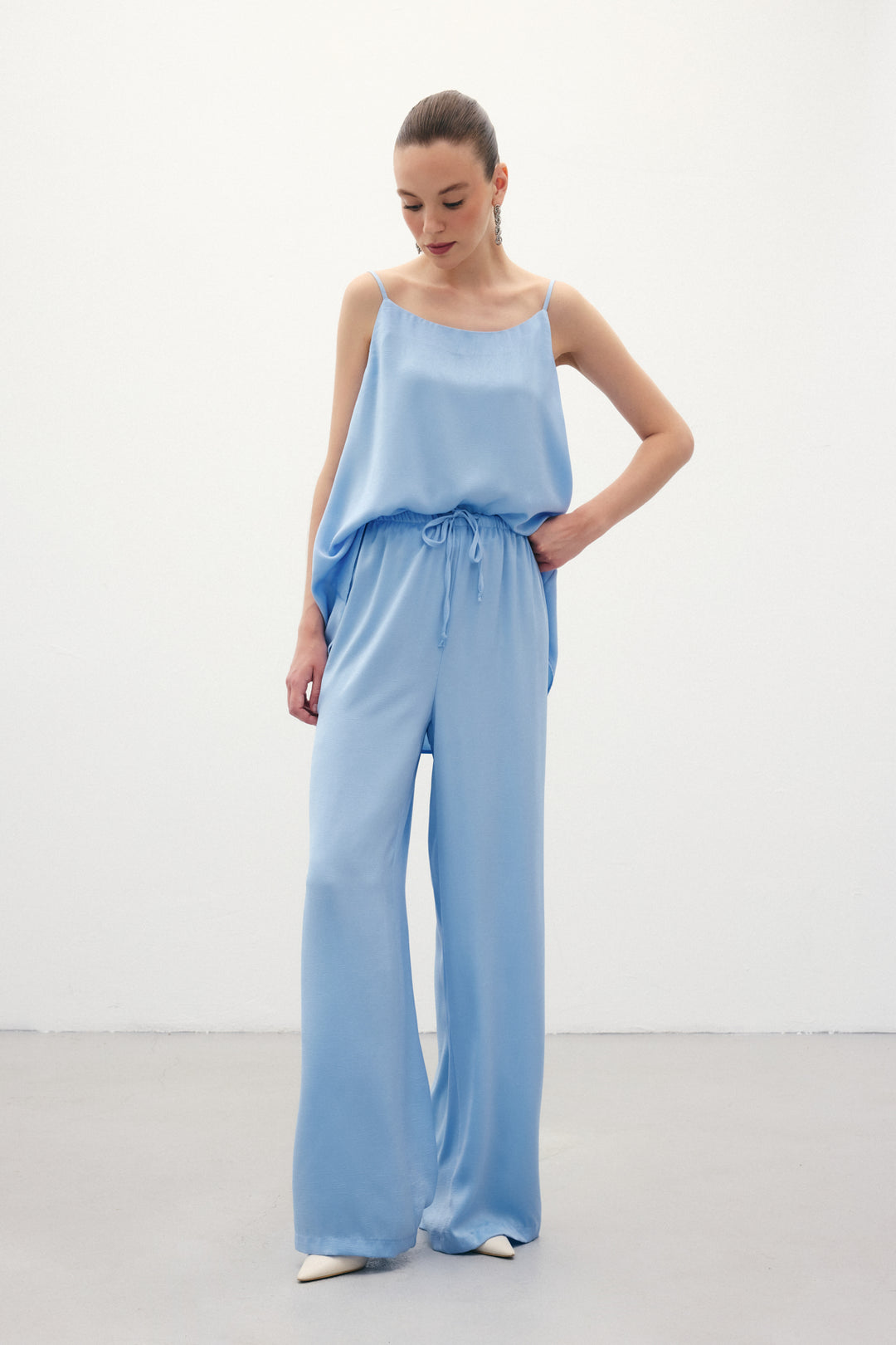 Sateen Pantalon ample à lacets - Bleu
