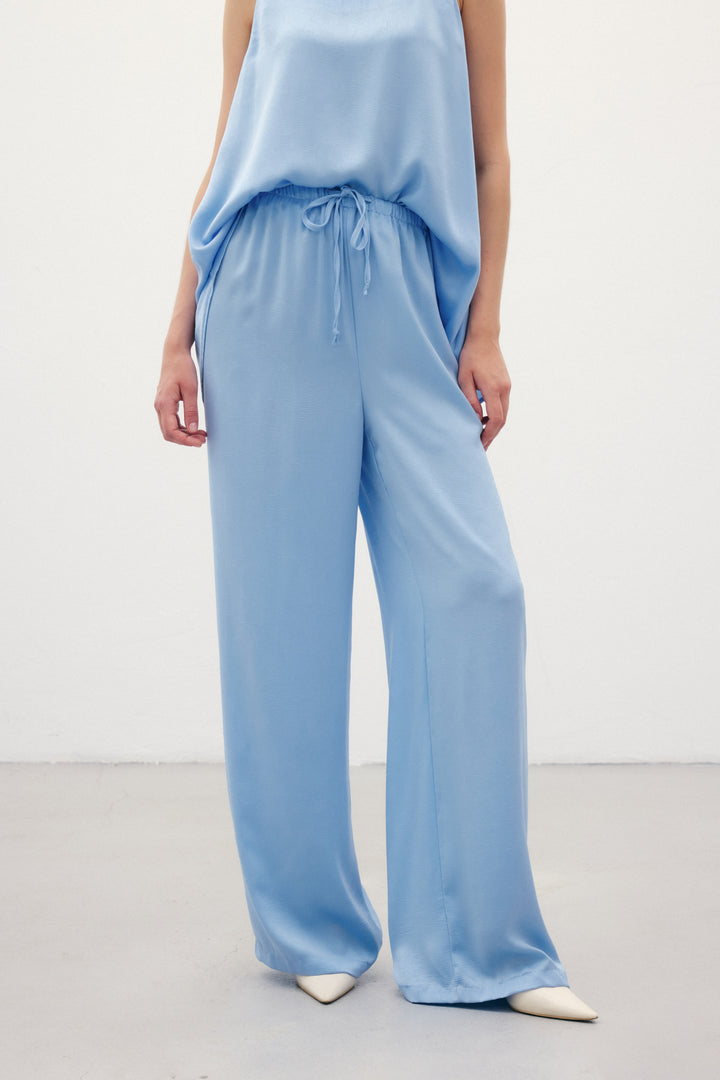 Sateen Pantalon ample à lacets - Bleu