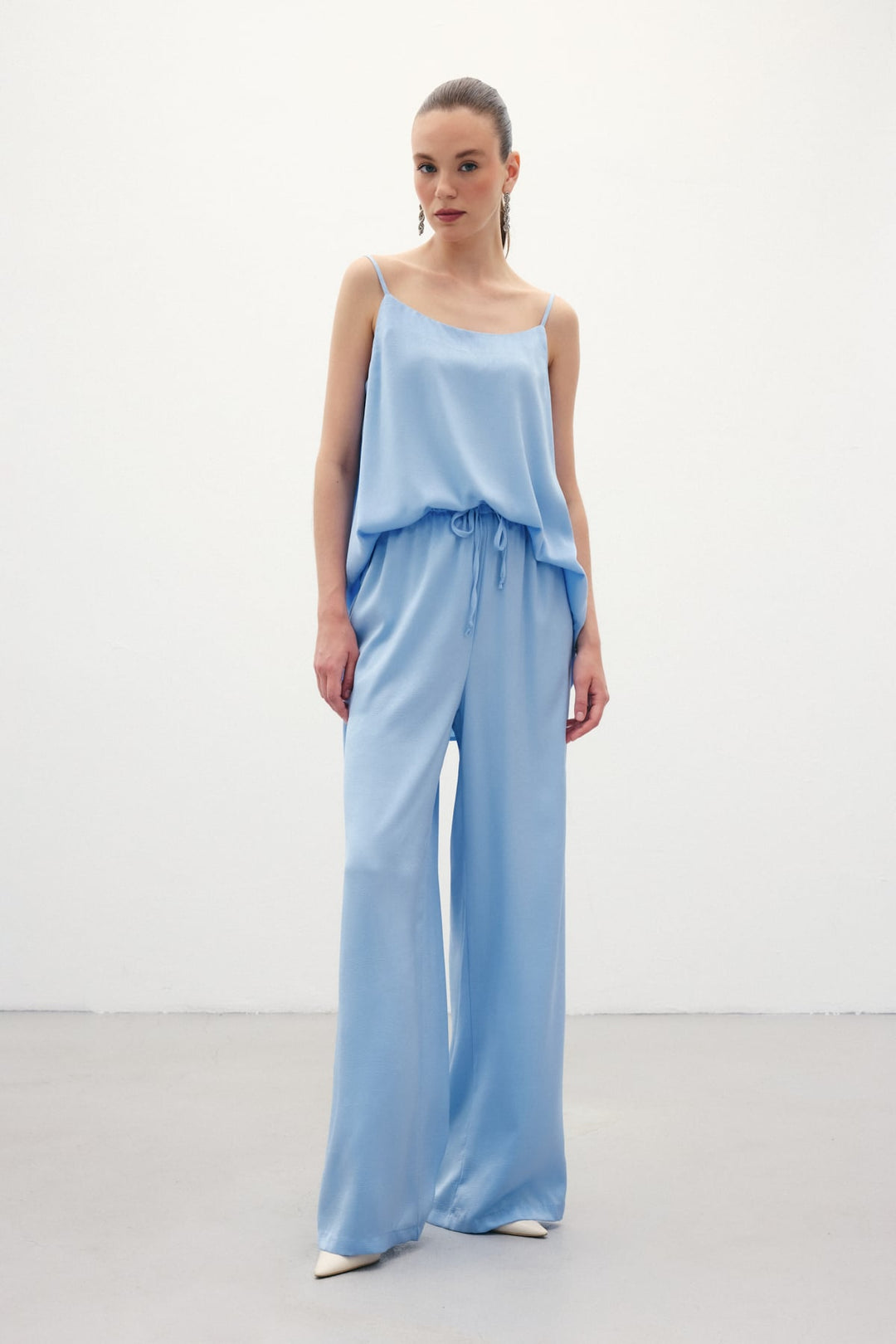 Sateen Pantalon ample à lacets - Bleu