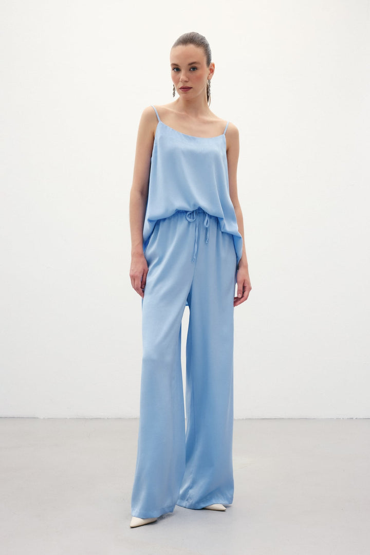 Sateen Pantalon ample à lacets - Bleu