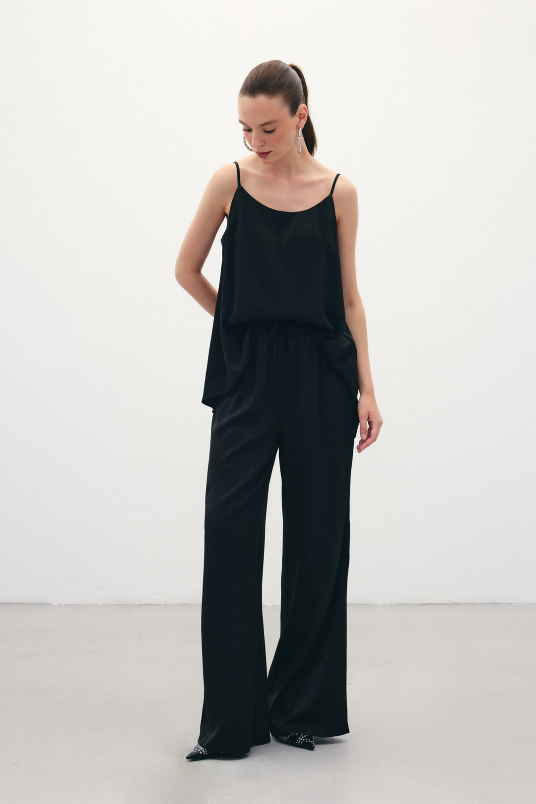 Sateen Pantalon ample à lacets - Noir