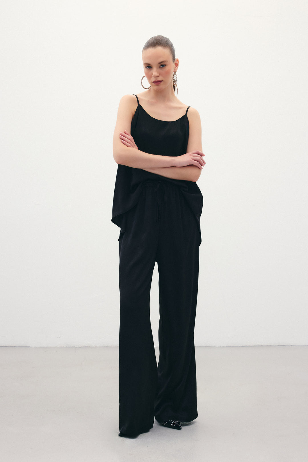 Sateen Pantalon ample à lacets - Noir