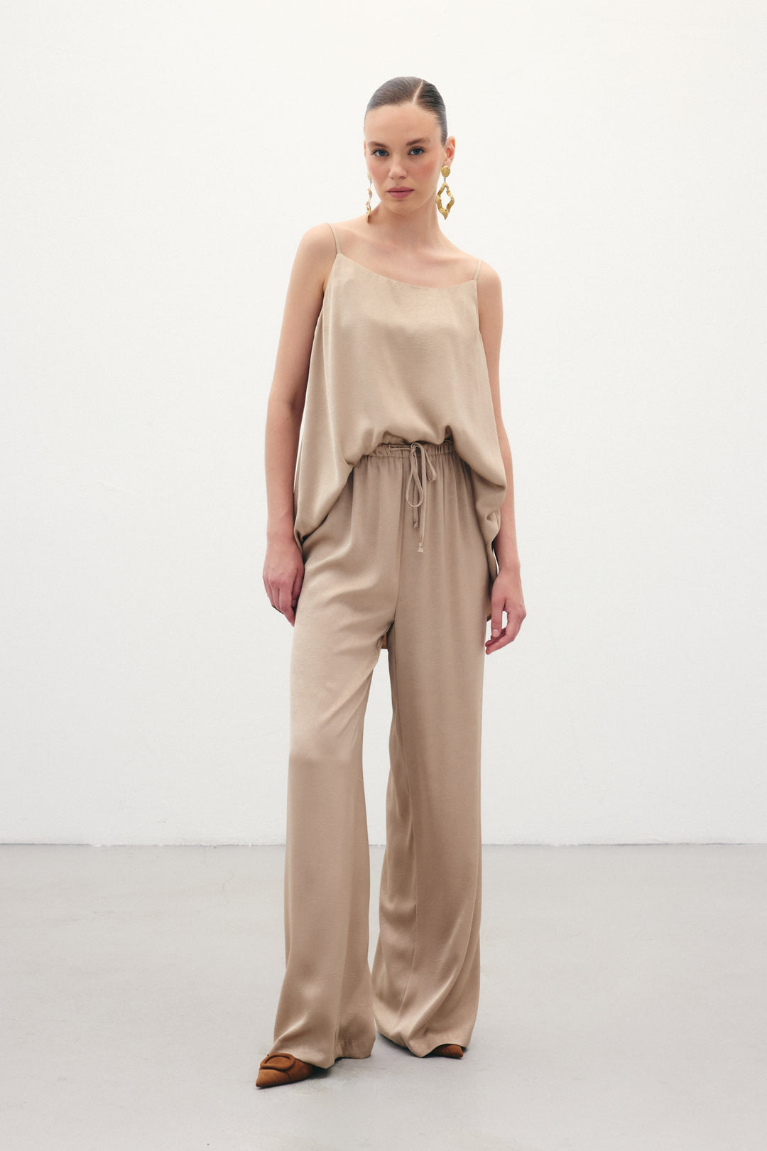 Sateen Pantalon ample à lacets - Vison