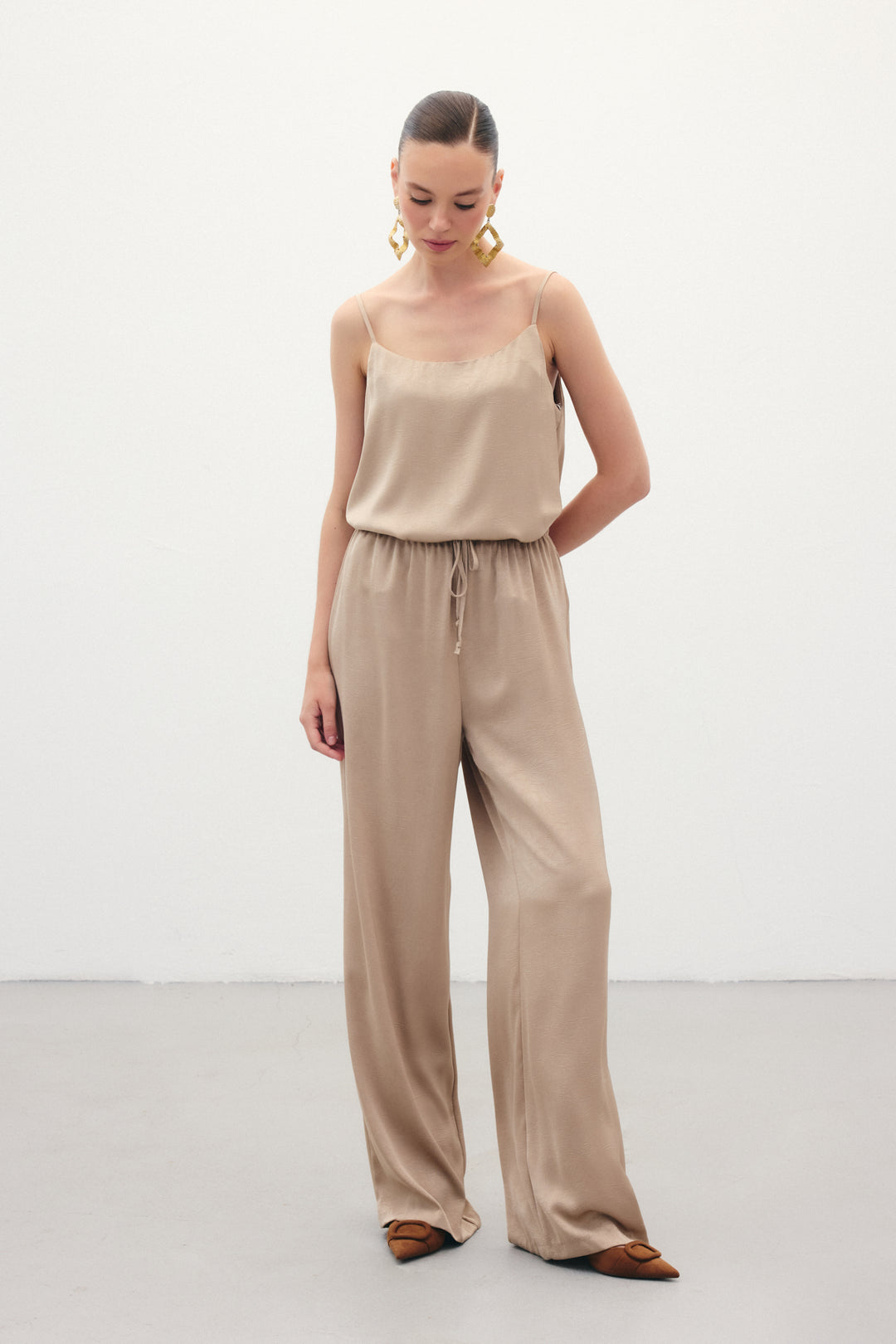 Sateen Pantalon ample à lacets - Vison