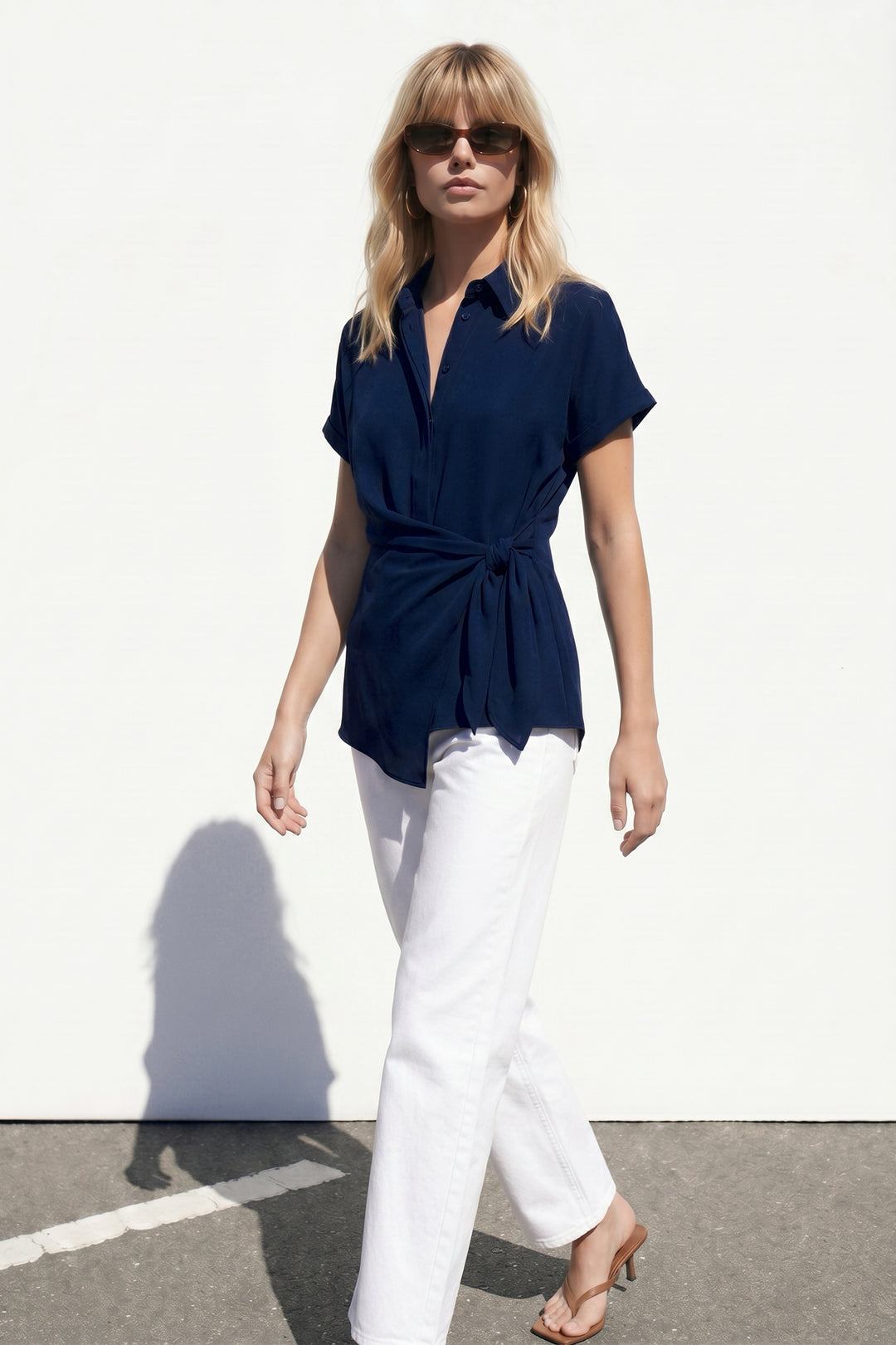Sateen Chemise avec détail de nouage - Bleu marine
