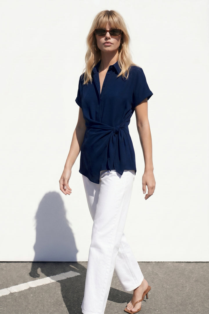 Sateen Chemise avec détail de nouage - Bleu marine