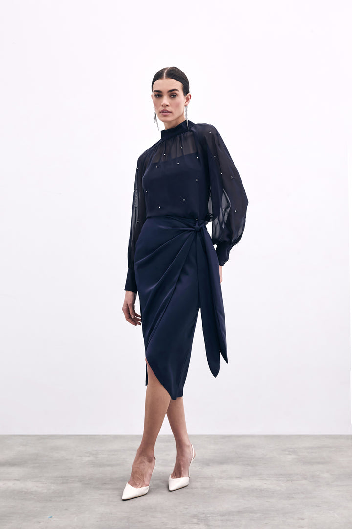 Sateen Jupe Croisée avec Détails à Nouer - Bleu marine