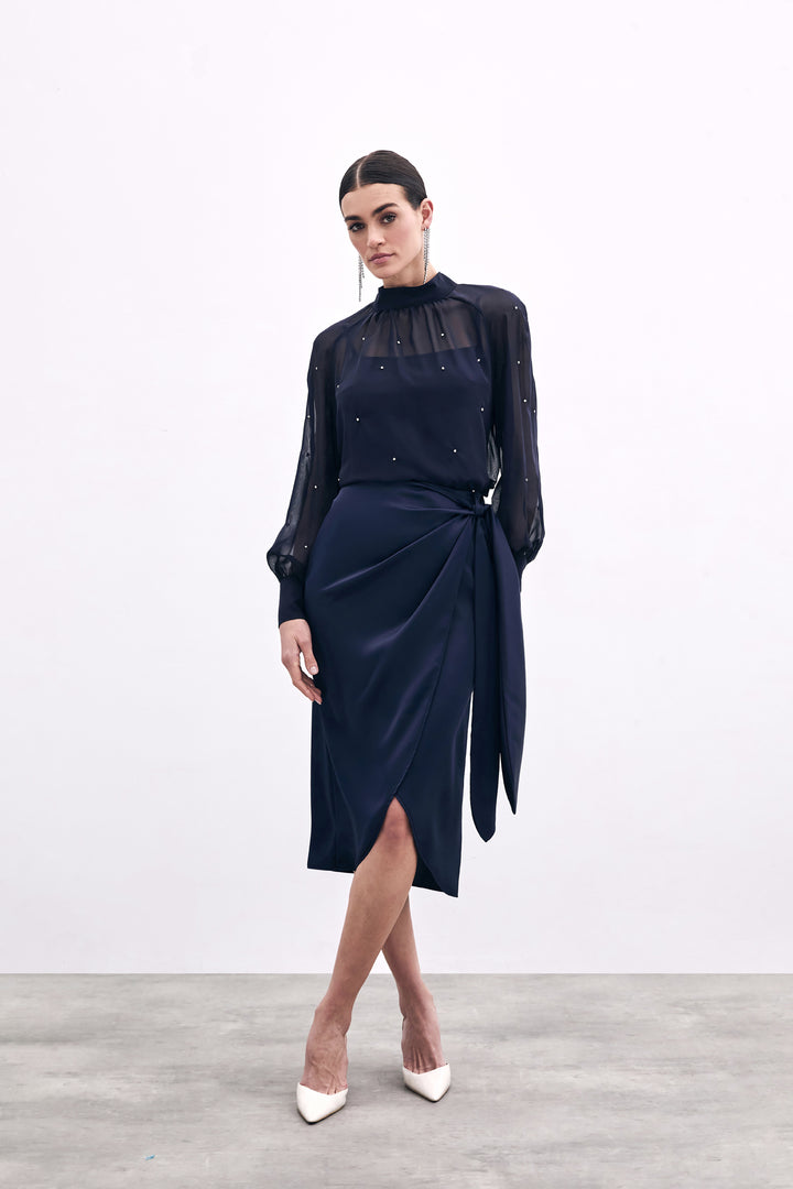 Sateen Jupe Croisée avec Détails à Nouer - Bleu marine