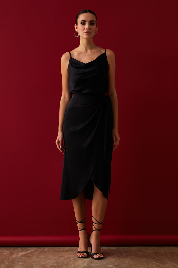 Sateen Jupe croisée à détails de nouage - Noir