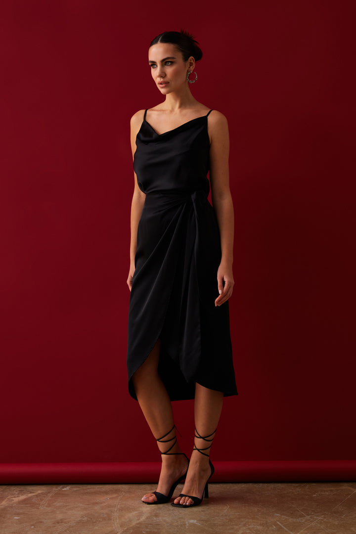 Sateen Jupe croisée à détails de nouage - Noir