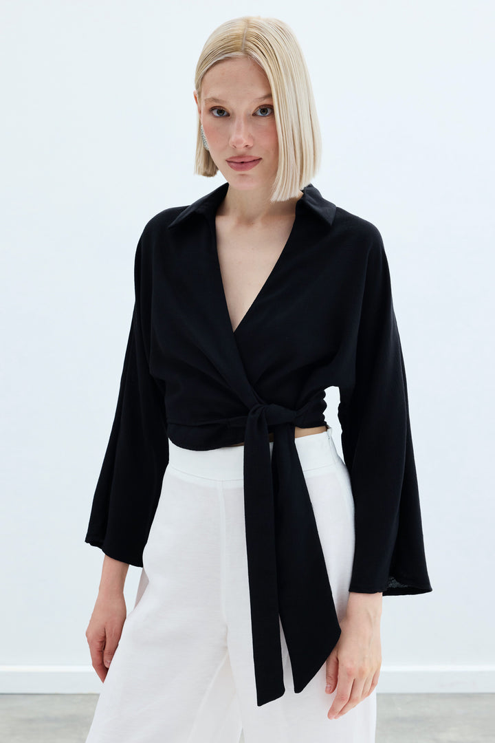 Sateen Blouse en lin à nouer - Noir