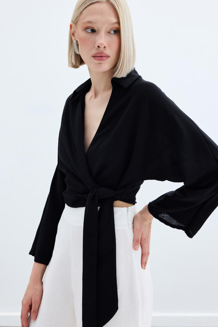 Sateen Blouse en lin à nouer - Noir