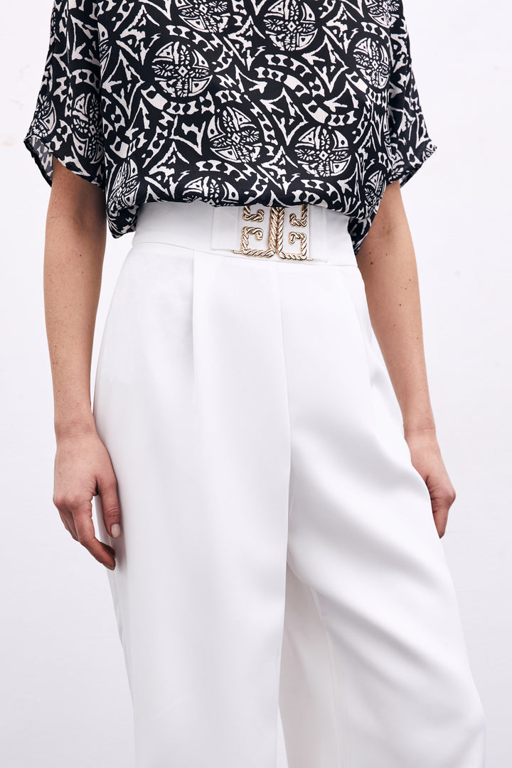 Sateen Pantalon large avec accessoire de taille - Écru
