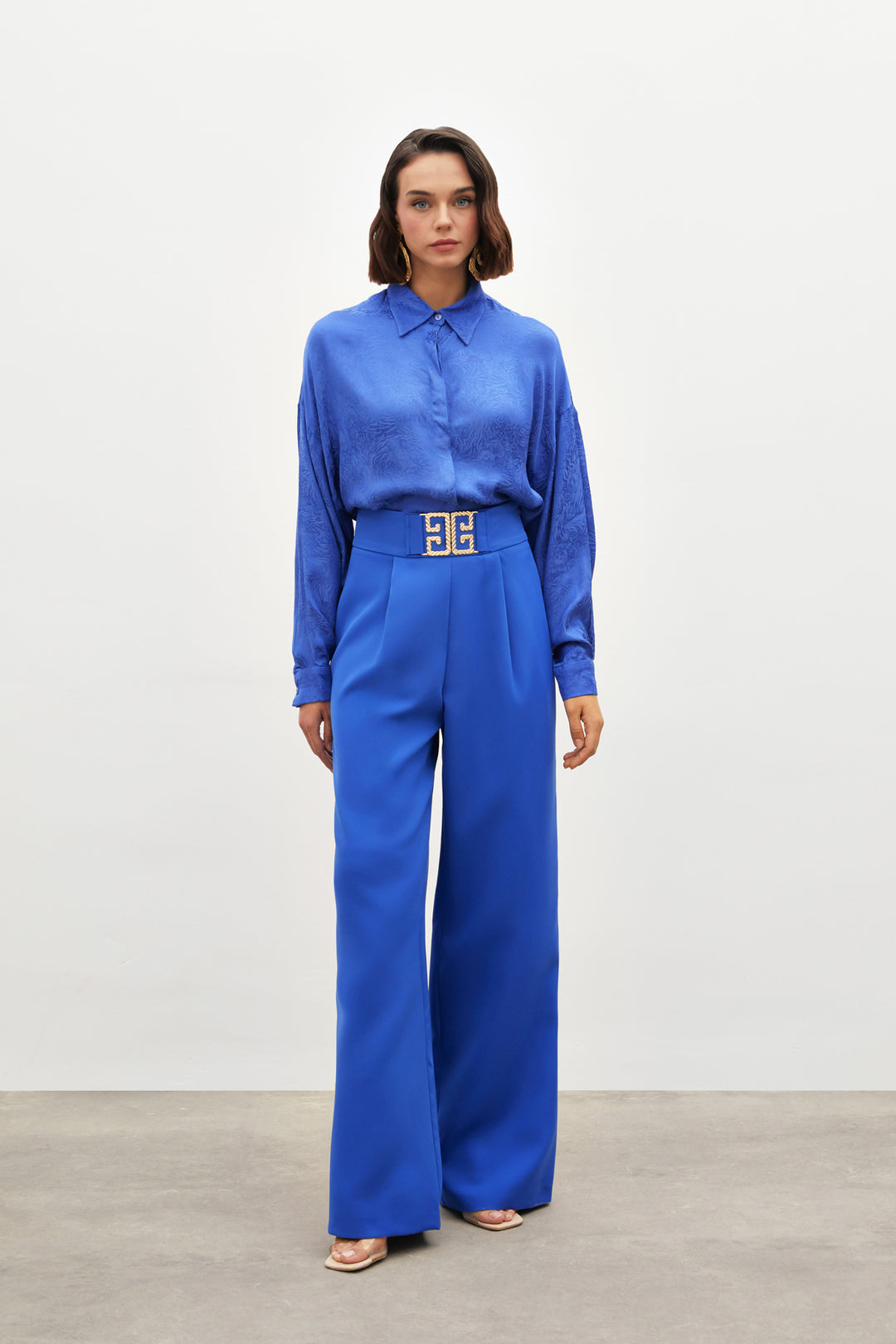 Sateen Pantalon large avec accessoire de taille - sax Bleu