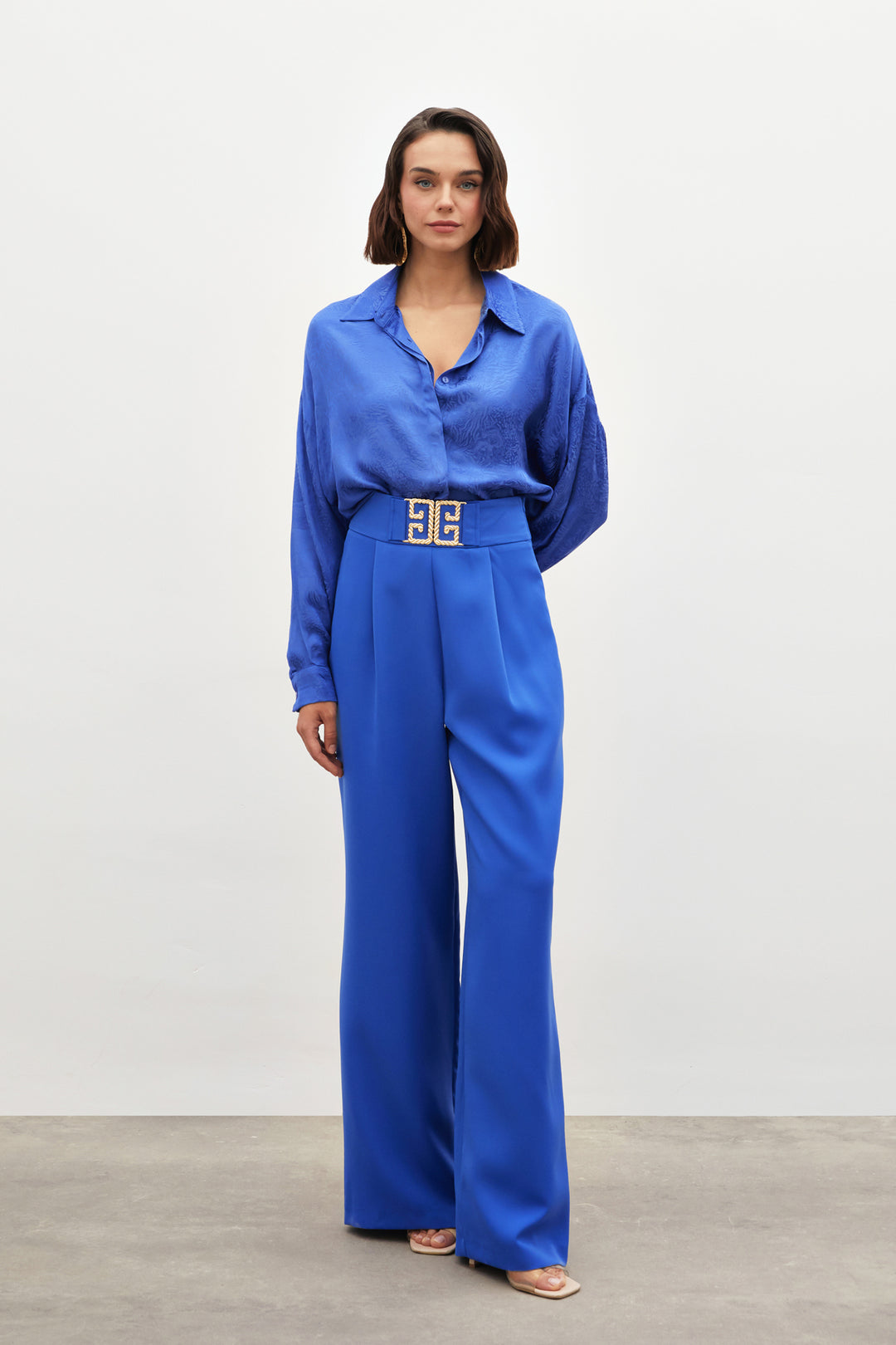 Sateen Pantalon large avec accessoire de taille - sax Bleu
