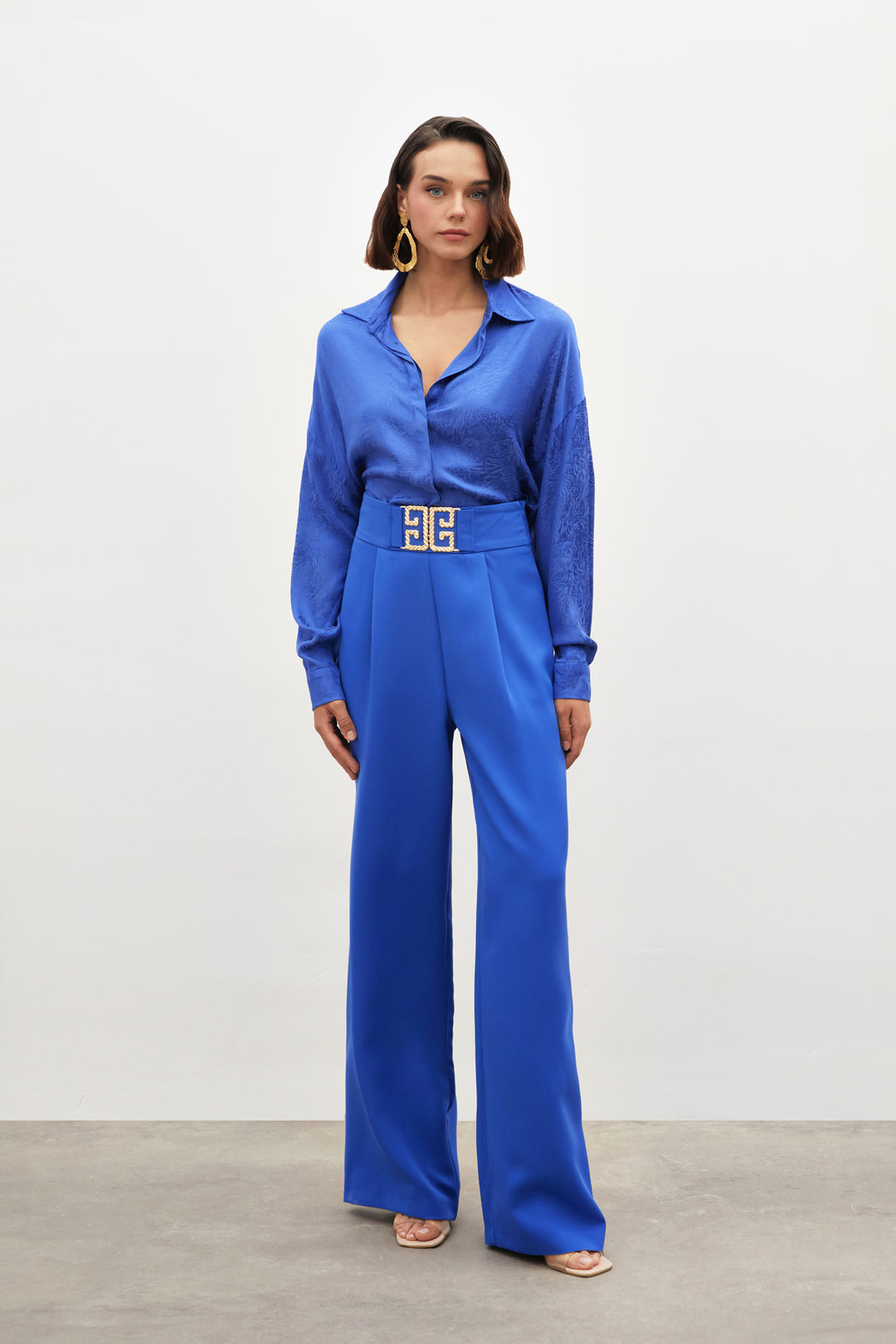 Sateen Pantalon large avec accessoire de taille - sax Bleu