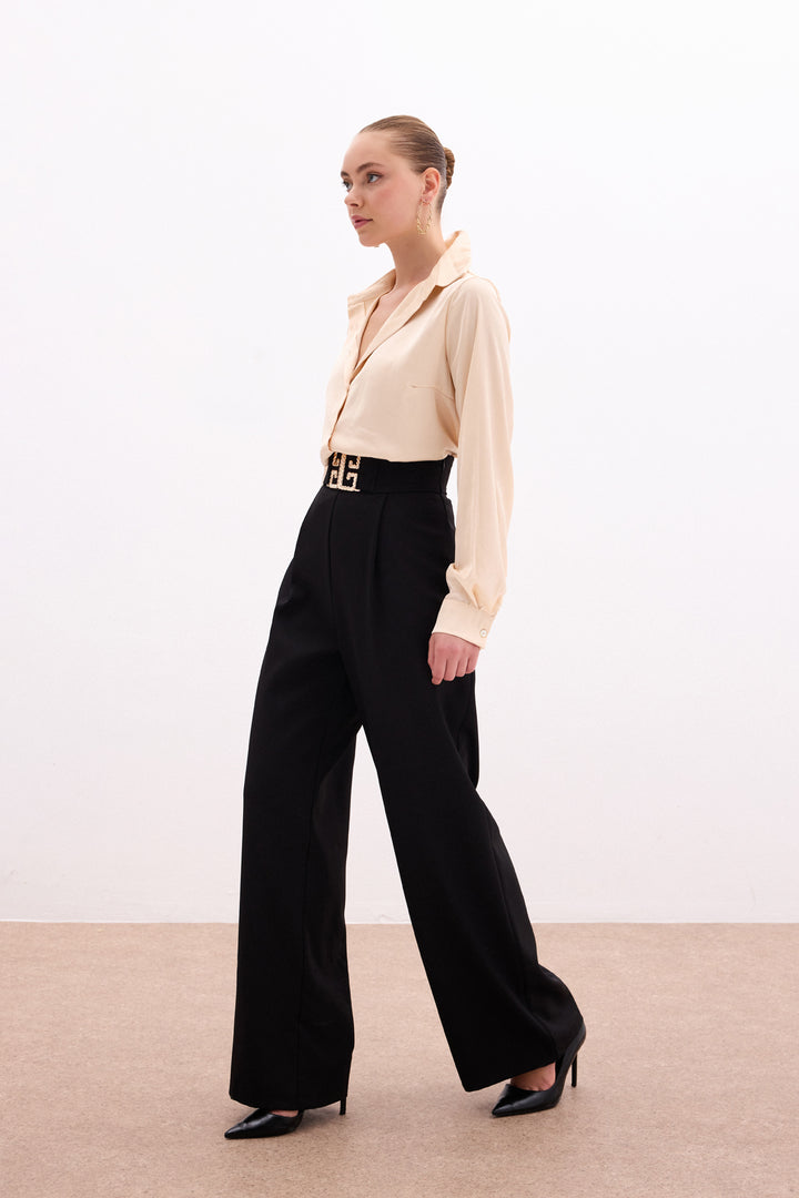Sateen Pantalon large à accessoires de taille - Noir
