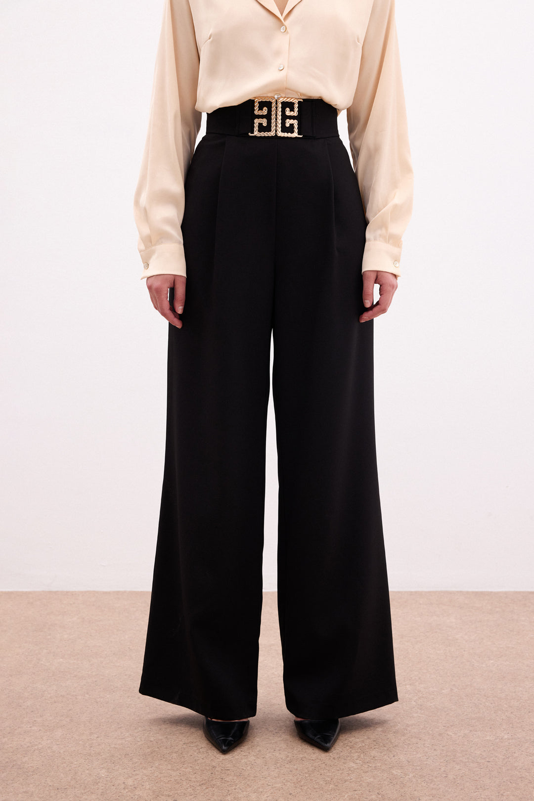 Sateen Pantalon large à accessoires de taille - Noir